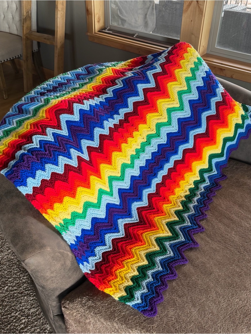 Handmade Crochet Rainbow Chevron Blanket Boho Throw Retro Zig Zag Afghan
